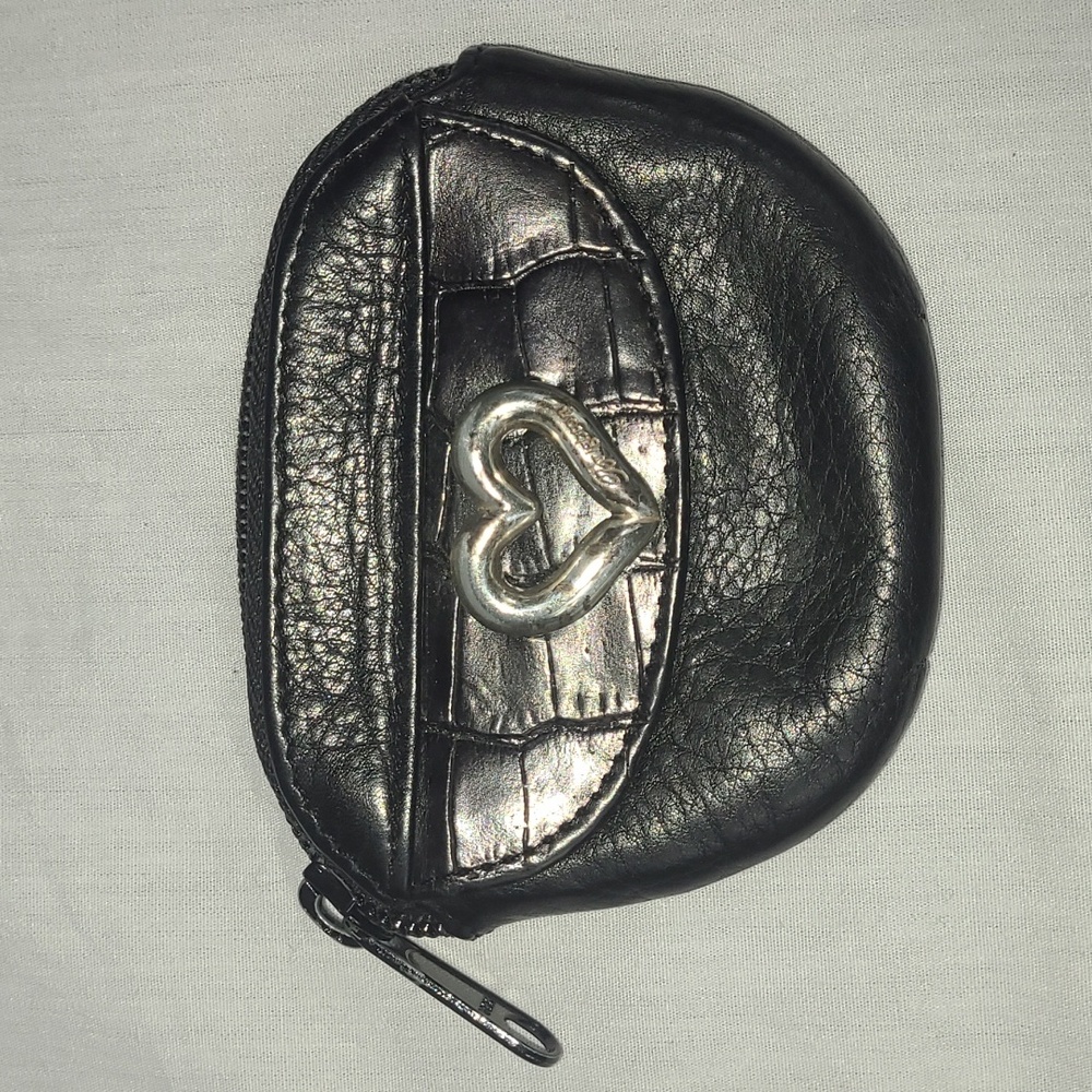 BRIGHTON Coin Wallet Purse Black with Heart Logo Silver Tone Change